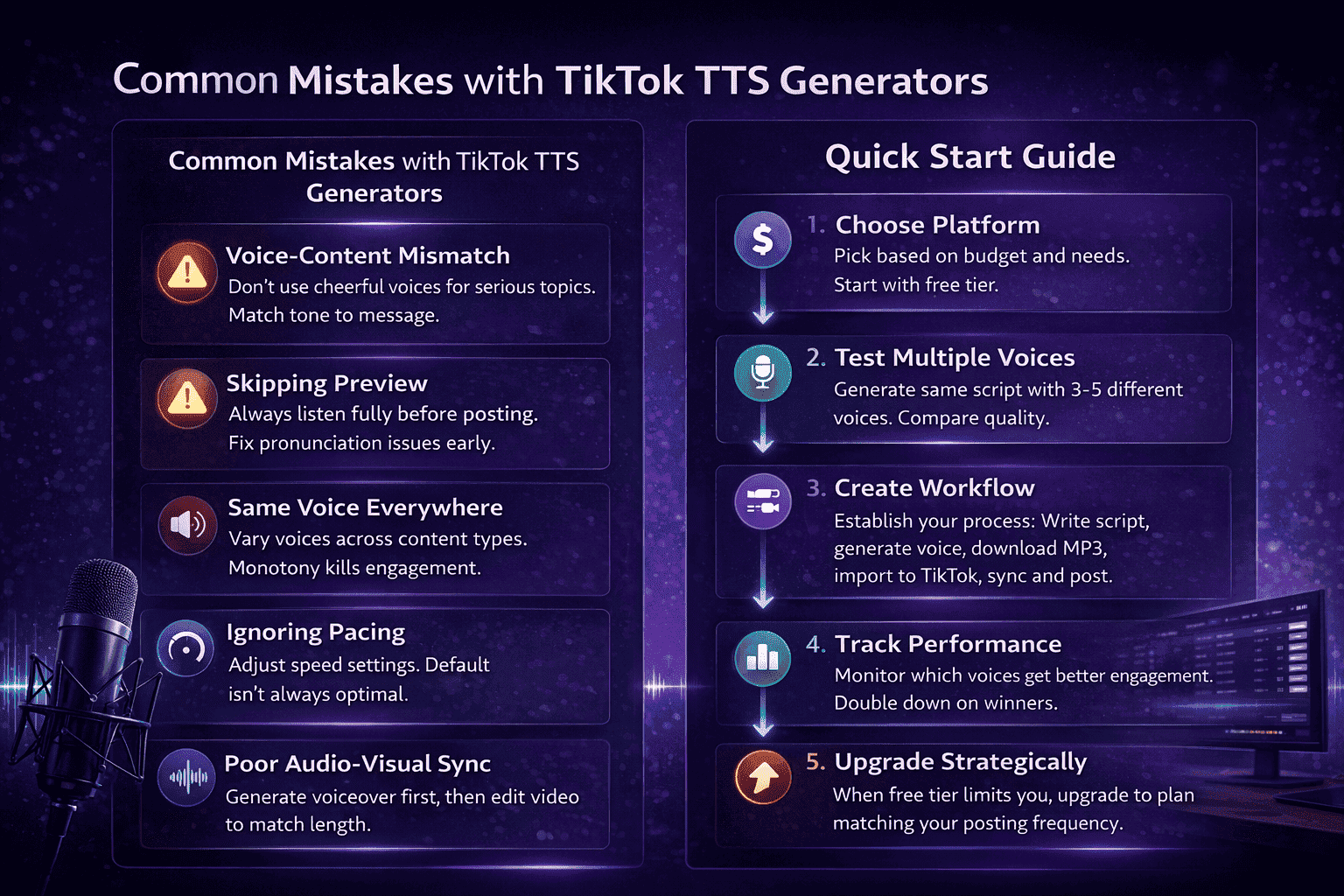 Infographic listing common TikTok text-to-speech mistakes and a five-step quick start: choose a platform, test several voices, build a workflow, track performance and upgrade when needed