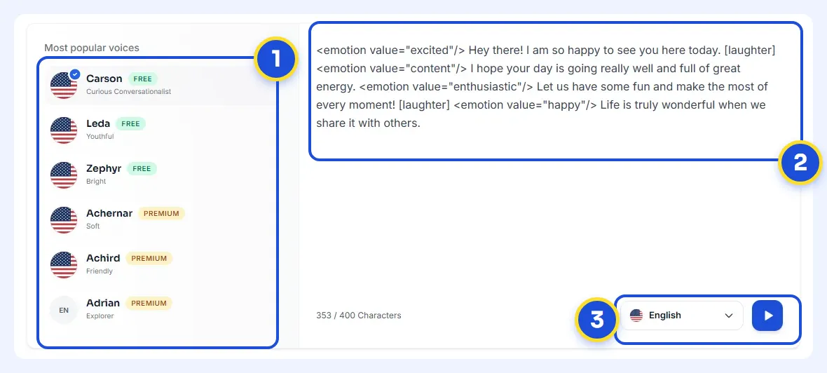 The Kveeky homepage voice demo with three numbered areas: the voice list, the script box and the language and play controls.