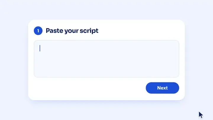 Animation: paste a script into Kveeky, pick a US or UK English voice, generate, then download the audio.